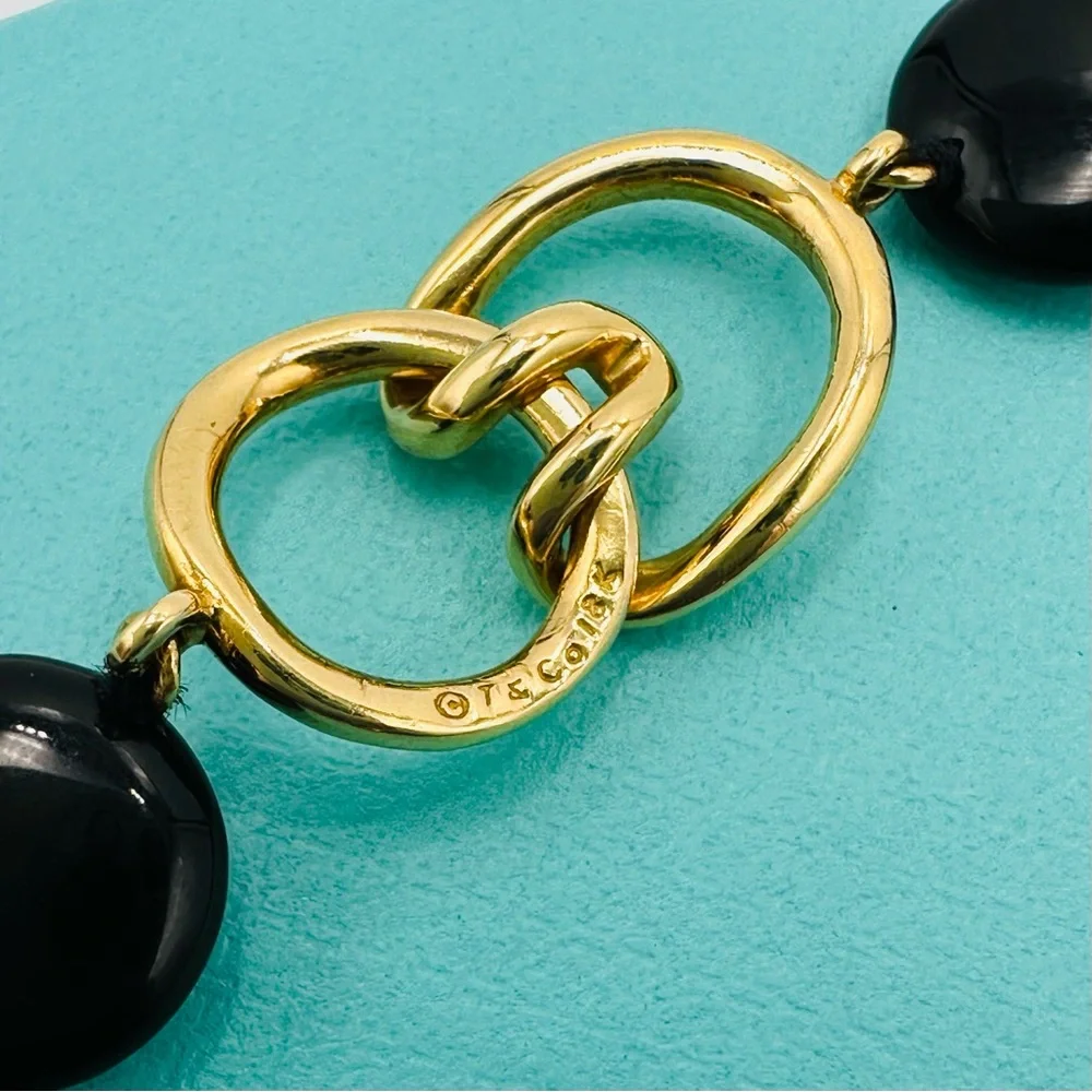 Vintage Tiffany & Co. Lentil Onyx 18K Yellow Gold Necklace 17” Presentation Box